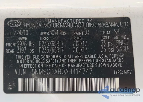 2010 Hyundai Santa Fe Gls from USA, damaged, VIN 5NMSGDAB0AH414747